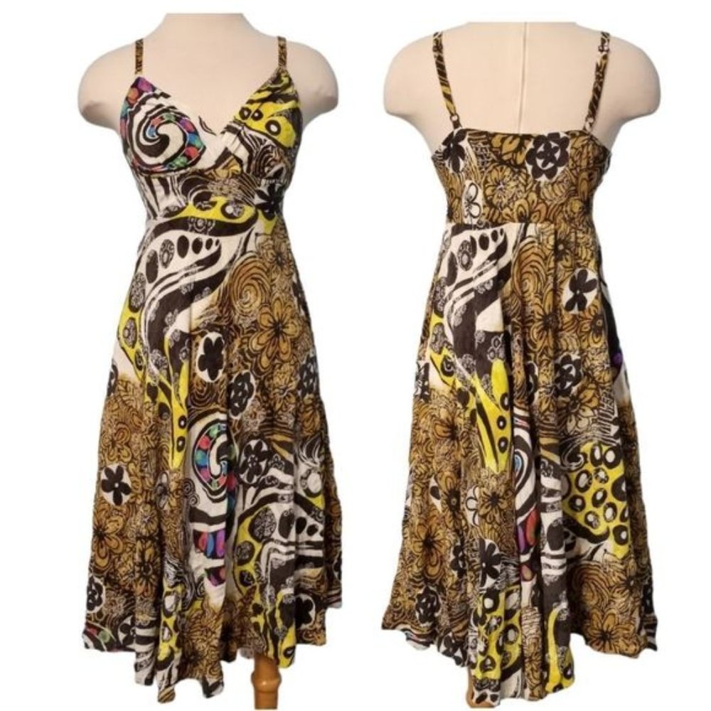 Jams World Lava Blossoms Fit and Flare Dress Small Yellow/Multi-colored Cici